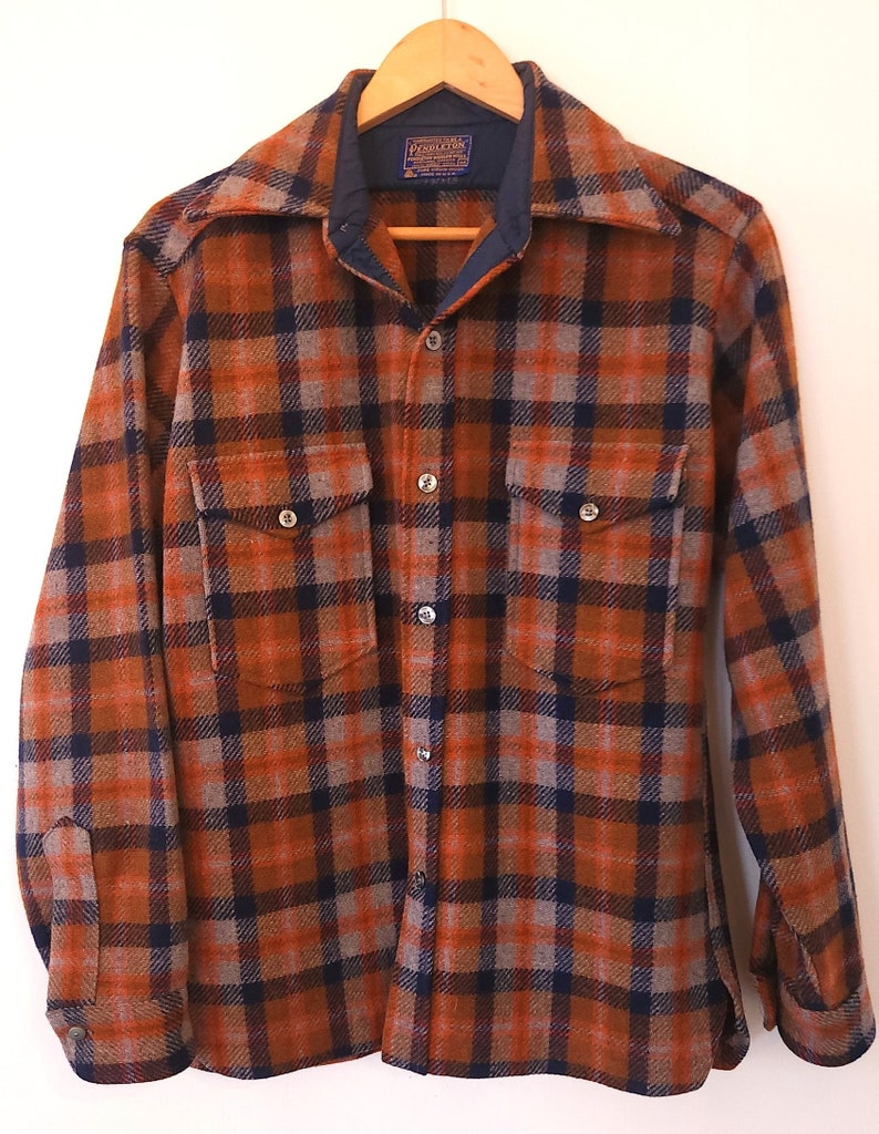 Vintage Pendleton Shirt Jacket Orange Grey Navy Wool Plaid. - Etsy