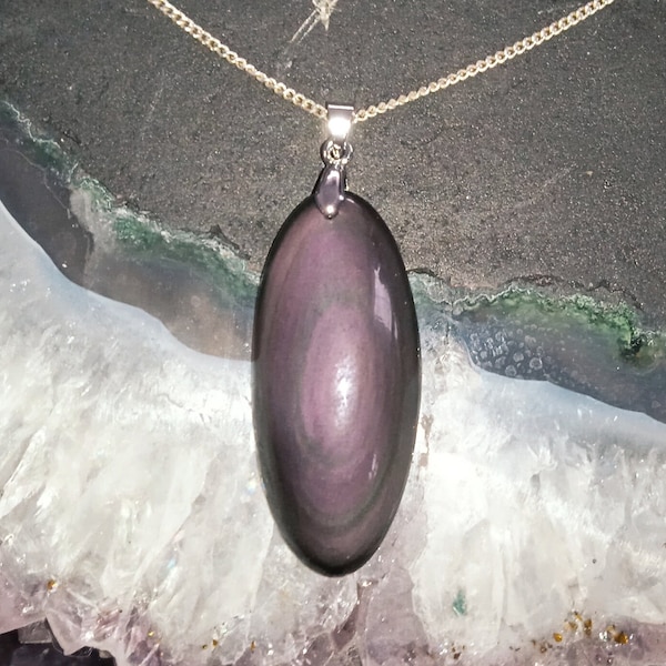 Pendentif en obsidienne œil céleste - Attache en argent - Grade AAA - Forme ovale - Protection, ancrage, force et courage