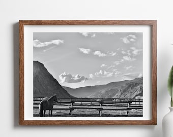 Estampado de caballo de rancho en blanco y negro en la montaña (descarga digital) Montana