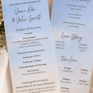 May include: Two wedding programs with a gradient blue and white background. The programs include the wedding date, names, order of service, and timeline. The text is in a handwritten style font.