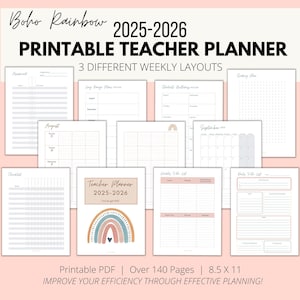 2025-2026 Boho Pink Rainbow Printable Teacher Planner/8.5 X 11 Letter Size/3 Different Weekly Layouts/Dated Teacher Planner