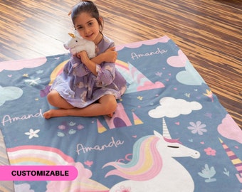 Personalized Unicorn Blanket for Kids, Custom Name Nursery Fleece for Newborn, Monogram Name Christmas Gift, Birthday for Daughter 0011C