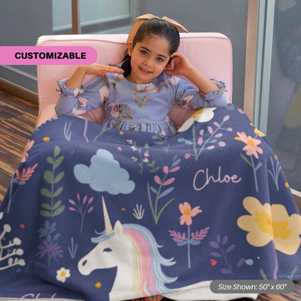 Personalized Unicorn Blanket for Kids, Custom Name Nursery Fleece for Newborn, Monogram Name Christmas Gift, Birthday for Daughter 0013C