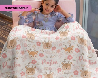 Personalized Floral Deer Blanket for Kids, Cute Custom Blanket for Girls, Unique Customizable Christmas Gift or Birthday Gift 0095C