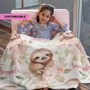 Personalized Watercolor Sloth Blanket for Kids, Cute Name Blanket for Girls, Unique Customizable Christmas Gift or Birthday Gift 0104C