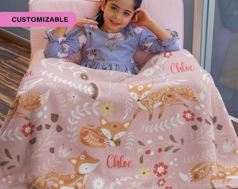 Personalized Boho Fox Blanket for Kids, Cute Floral Name Blanket for Girls, Unique Customizable Christmas Gift or Birthday Gift 0099C
