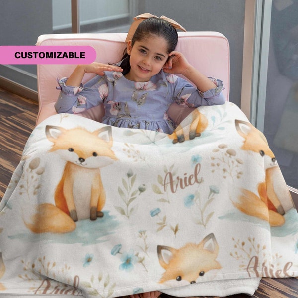 Personalized Watercolor Fox Blanket for Kids, Cute Custom Blanket for Girls Boys, Customizable Name Christmas Gift or Birthday Gift 0108C