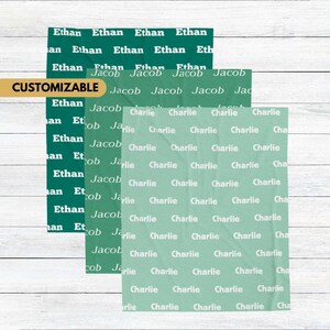 May include: A customizable fabric with a repeating pattern of the names Ethan, Jacob, and Charlie in white text on a teal background.