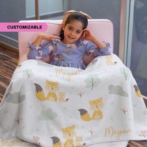 Personalized Fox Blanket for Kids, Cute Custom Monogrammed Blanket for Girls, Unique Customizable Christmas Gift or Birthday Gift 0088C