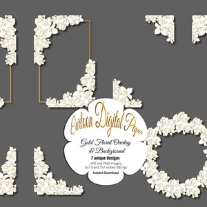 5x7 Gold Floral Overlays for invitations, planners, journal pages, vintage flower clipart, wedding frames clip art