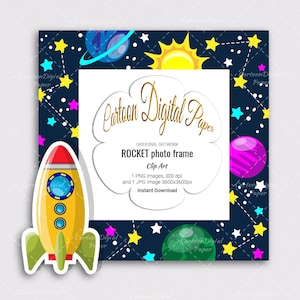 Decoración COHETE PNG Clip Art.  Imágenes prediseñadas del marco de la foto del cohete. Ilustración de vivero de cohetes Descarga digital.