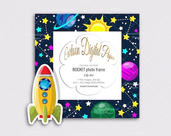 ROCKET decor PNG Clip Art.  Rocket Photo frame clipart. Rocket nursery illustration Digital download.