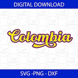 May include: A digital download of a yellow and blue stylized word "Colombia" with a red outline. The text is in a bold, cursive font. The background is white with a repeating pattern of gray circles with the text "Craft & Market".