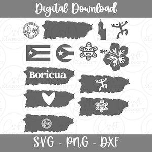 May include: A digital download of SVG, PNG, and DXF files featuring various designs related to Puerto Rico. The designs include a stylized map of Puerto Rico, a flag, a heart, a flower, a symbol, and a traditional design. The designs are in gray and white.