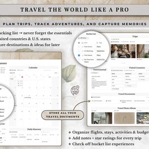Notion travel planner, trip planner, packing list and digital travel itinerary inside an all in one Notion life planner template. Organize destinations, upcoming vacations, travel plans, itineraries and packing lists from a neutral aesthetic Notion dashboard. This customizable Notion planner also includes calendars, goals, habit tracking, wellness, meals, daily planning and productivity tools, creating a complete digital life planner for travel and everyday organization.