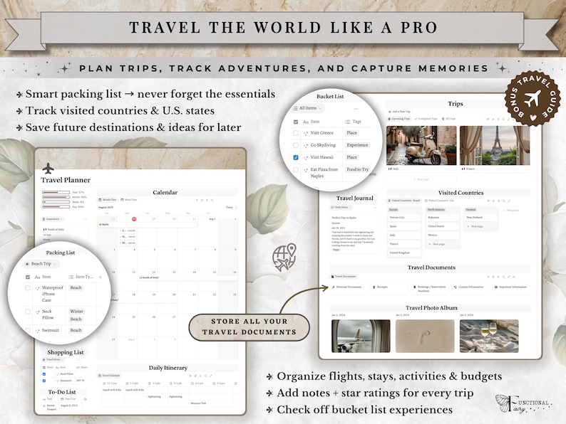 Notion travel planner, trip planner, packing list and digital travel itinerary inside an all in one Notion life planner template. Organize destinations, upcoming vacations, travel plans, itineraries and packing lists from a neutral aesthetic Notion dashboard. This customizable Notion planner also includes calendars, goals, habit tracking, wellness, meals, daily planning and productivity tools, creating a complete digital life planner for travel and everyday organization.