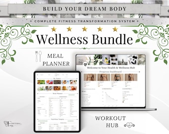 Wellness Planner Notion Template—Workout & Meal Planner Bundle, Fitness Planner, Habit Tracker, Meal Prep, Glow Up Planner, Health Dashboard