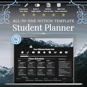 May include: A digital student planner Notion template displayed on a screen. The interface features a class schedule, assignment tracker, and progress bars. Text includes All-in-One Notion Template Student Planner and Your Ultimate Study Hub.