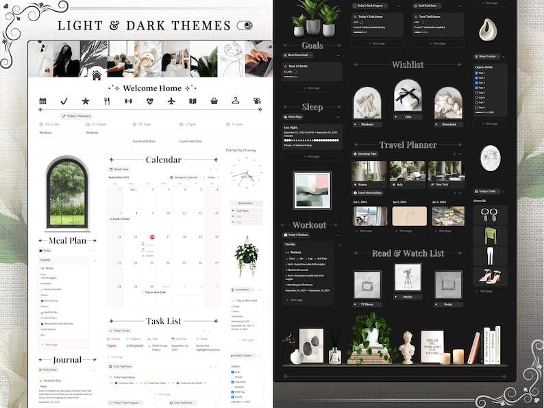 That Girl Aesthetic Notion Life Planner Template, Clean Girl All-in-One Dashboard, Second Brain ADHD Productivity & Self Care, Light and dark mode compatibility, Yearly & Monthly Calendar with Daily Itinerary, Travel Planner & Itinerary, Habit Tracker, Special Event Countdown, Daily To-Do List & Goal Tracker, Meal Planner + Grocery List + Micro/Macro Tracker + Recipe Bank, Wellness & Workout Tracker, Journal Section , Photo Album, Wishlist Pages, Wardrobe Manager, Books, TV & Movie Watchlist
