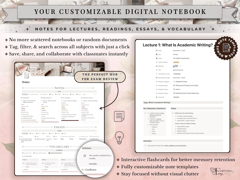 Academic Notion Planner for Students, Aesthetic All-in-One University, College Dashboard for ADHD Productivity,  Ultimate School Template, All-In-One Academic Dashboard, Classes Overview, Color-Coded, Academic Calendar (Weekly + Monthly), Assignments & Exams Tracker, Notes System for Vocabulary and Essays, Study Materials Hub for Lectures, Grades & GPA Smart Dashboard, Goals Page, Habit Tracker, Shopping List, Important Links Hub, Light & Dark Mode Compatible, Automatic Sync Across Devices