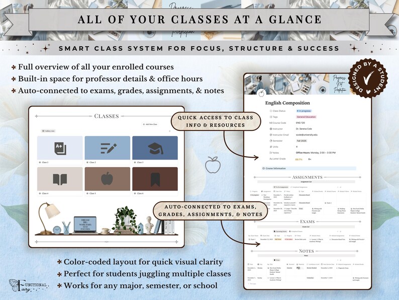 Academic Notion Planner for Students, Aesthetic All-in-One University, College Dashboard for ADHD Productivity,  Ultimate School Template, All-In-One Academic Dashboard, Classes Overview, Color-Coded, Academic Calendar (Weekly + Monthly), Assignments & Exams Tracker, Notes System for Vocabulary and Essays, Study Materials Hub for Lectures, Grades & GPA Smart Dashboard, Goals Page, Habit Tracker, Shopping List, Important Links Hub, Light & Dark Mode Compatible, Automatic Sync Across Devices