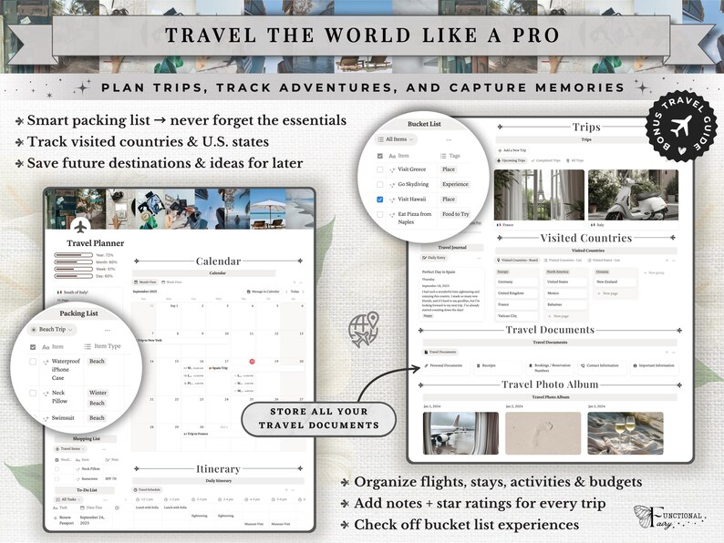 That Girl Aesthetic Notion Life Planner Template, Clean Girl All-in-One Dashboard, Second Brain ADHD Productivity & Self Care, Light and dark mode compatibility, Yearly & Monthly Calendar with Daily Itinerary, Travel Planner & Itinerary, Habit Tracker, Special Event Countdown, Daily To-Do List & Goal Tracker, Meal Planner + Grocery List + Micro/Macro Tracker + Recipe Bank, Wellness & Workout Tracker, Journal Section , Photo Album, Wishlist Pages, Wardrobe Manager, Books, TV & Movie Watchlist