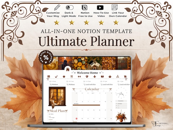 Cozy Autumn Notion Planner Template | Fall Aesthetic Life Dashboard | All in One Digital Organizer for Goals, Habit and Self Care Tracking