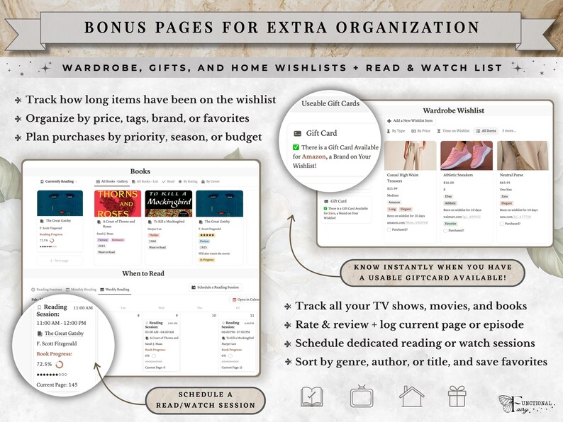Neutral aesthetic Notion life planner and all in one Notion template with digital journal, photo album, wardrobe manager, outfit planner, wishlists, book tracker, reading list, TV tracker and movie watchlist. This customizable Notion planner combines lifestyle organization with goals, habits, calendars, wellness, meals, travel and productivity planning. A complete digital life planner and personal dashboard for organizing routines, memories, entertainment and everyday life.