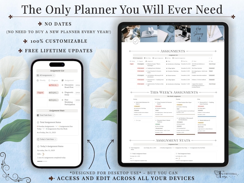 Academic Notion Planner for Students, Aesthetic All-in-One University, College Dashboard for ADHD Productivity,  Ultimate School Template, All-In-One Academic Dashboard, Classes Overview, Color-Coded, Academic Calendar (Weekly + Monthly), Assignments & Exams Tracker, Notes System for Vocabulary and Essays, Study Materials Hub for Lectures, Grades & GPA Smart Dashboard, Goals Page, Habit Tracker, Shopping List, Important Links Hub, Light & Dark Mode Compatible, Automatic Sync Across Devices