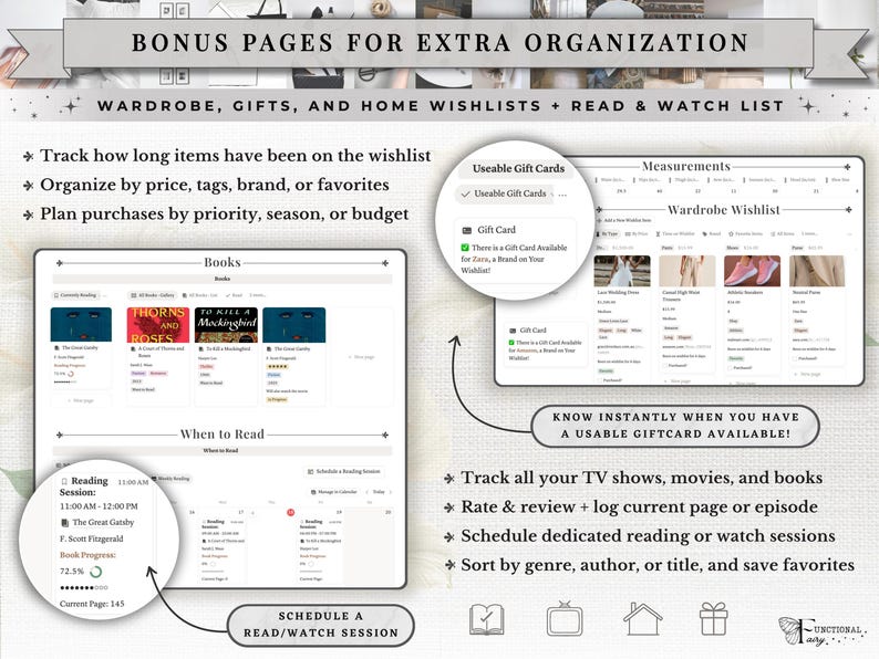 That Girl Aesthetic Notion Life Planner Template, Clean Girl All-in-One Dashboard, Second Brain ADHD Productivity & Self Care, Light and dark mode compatibility, Yearly & Monthly Calendar with Daily Itinerary, Travel Planner & Itinerary, Habit Tracker, Special Event Countdown, Daily To-Do List & Goal Tracker, Meal Planner + Grocery List + Micro/Macro Tracker + Recipe Bank, Wellness & Workout Tracker, Journal Section , Photo Album, Wishlist Pages, Wardrobe Manager, Books, TV & Movie Watchlist