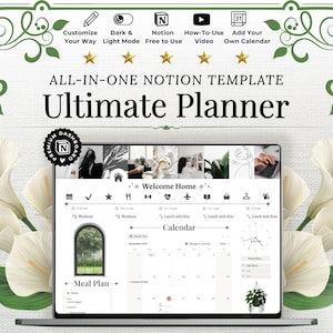 May include: A laptop displaying an "Ultimate Planner" Notion template. The screen shows a calendar, meal plan, and other organizational tools. The image is framed by white calla lilies and green foliage, with text at the top indicating customization options.