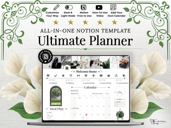 Second Brain Notion Template | Notion Life Planner | Aesthetic ADHD Planner | That Girl Glow Up & Productivity Dashboard | All-in-One System