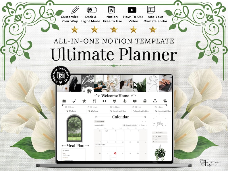 May include: A laptop displaying an "Ultimate Planner" Notion template. The screen shows a calendar, meal plan, and other organizational tools. The image is framed by white calla lilies and green foliage, with text at the top indicating customization options.