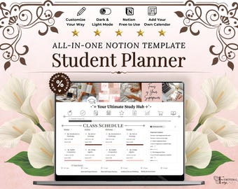 Planificador estudiantil de Notion / Planificador académico de Notion / Planificador universitario / Planificador académico de Notion / Panel de control para estudiantes universitarios