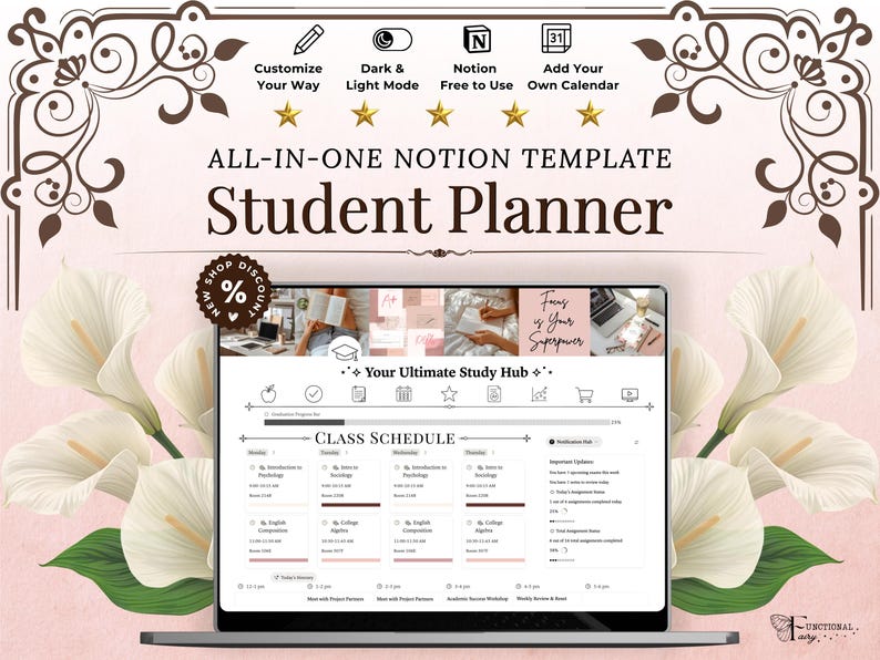 Academic Notion Planner for Students, Aesthetic All-in-One University, College Dashboard for ADHD Productivity,  Ultimate School Template, All-In-One Academic Dashboard, Classes Overview, Color-Coded, Academic Calendar (Weekly + Monthly), Assignments & Exams Tracker, Notes System for Vocabulary and Essays, Study Materials Hub for Lectures, Grades & GPA Smart Dashboard, Goals Page, Habit Tracker, Shopping List, Important Links Hub, Light & Dark Mode Compatible, Automatic Sync Across Devices