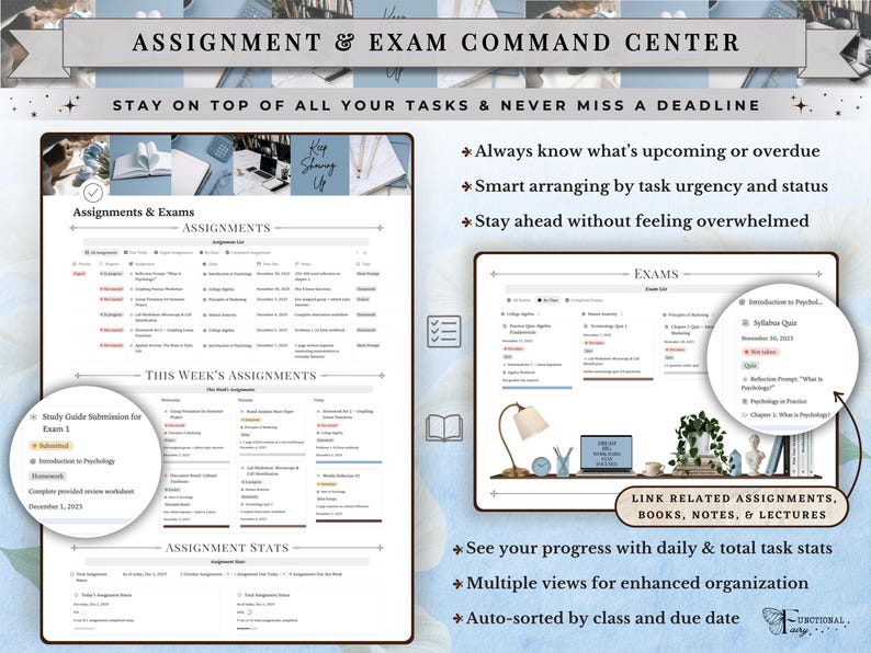 Academic Notion Planner for Students, Aesthetic All-in-One University, College Dashboard for ADHD Productivity,  Ultimate School Template, All-In-One Academic Dashboard, Classes Overview, Color-Coded, Academic Calendar (Weekly + Monthly), Assignments & Exams Tracker, Notes System for Vocabulary and Essays, Study Materials Hub for Lectures, Grades & GPA Smart Dashboard, Goals Page, Habit Tracker, Shopping List, Important Links Hub, Light & Dark Mode Compatible, Automatic Sync Across Devices