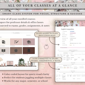Academic Notion Planner for Students, Aesthetic All-in-One University, College Dashboard for ADHD Productivity,  Ultimate School Template, All-In-One Academic Dashboard, Classes Overview, Color-Coded, Academic Calendar (Weekly + Monthly), Assignments & Exams Tracker, Notes System for Vocabulary and Essays, Study Materials Hub for Lectures, Grades & GPA Smart Dashboard, Goals Page, Habit Tracker, Shopping List, Important Links Hub, Light & Dark Mode Compatible, Automatic Sync Across Devices