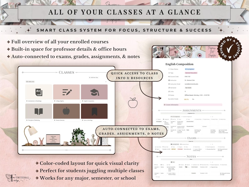 Academic Notion Planner for Students, Aesthetic All-in-One University, College Dashboard for ADHD Productivity,  Ultimate School Template, All-In-One Academic Dashboard, Classes Overview, Color-Coded, Academic Calendar (Weekly + Monthly), Assignments & Exams Tracker, Notes System for Vocabulary and Essays, Study Materials Hub for Lectures, Grades & GPA Smart Dashboard, Goals Page, Habit Tracker, Shopping List, Important Links Hub, Light & Dark Mode Compatible, Automatic Sync Across Devices