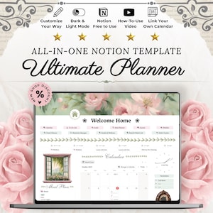 May include: A laptop screen displays a digital planner with a floral theme, featuring a calendar, to-do lists, and other organizational tools. The words "Ultimate Planner" are displayed on the screen. Pink roses frame the laptop.