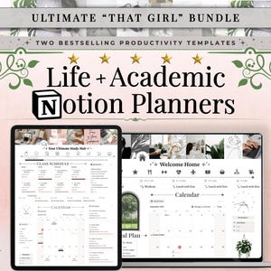 Può includere: Un pacchetto di prodotti digitali con due modelli di produttività Notion visualizzati su uno schermo di tablet e laptop. La grafica include il testo Ultimate That Girl Bundle, Two Bestselling Productivity Templates e Life + Academic Notion Planners.