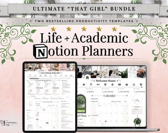 Könnte beinhalten: Ein digitales Produktpaket mit zwei Notion-Produktivitätsvorlagen, die auf einem Tablet- und Laptop-Bildschirm angezeigt werden. Die Grafik enthält den Text Ultimate That Girl Bundle, Two Bestselling Productivity Templates und Life + Academic Notion Planners.