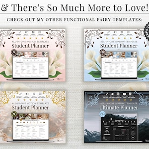May include: Four digital planner templates are displayed, each showcasing a laptop screen with a different design. The top banner reads "& There's So Much More to Love!" and "CHECK OUT MY OTHER FUNCTIONAL FAIRY TEMPLATES:" The planners are labeled "Student Planner" and "Ultimate Planner".