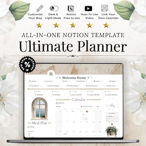 May include: A laptop displays a digital planner interface with the text "Ultimate Planner." The screen shows a calendar, to-do list, and other organizational tools. The image is surrounded by white floral and green leaf accents.