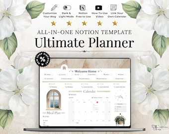 Modello di agenda Notion Life Planner / Dashboard tutto in uno dall'estetica neutra, per monitorare obiettivi, abitudini, pasti e benessere.