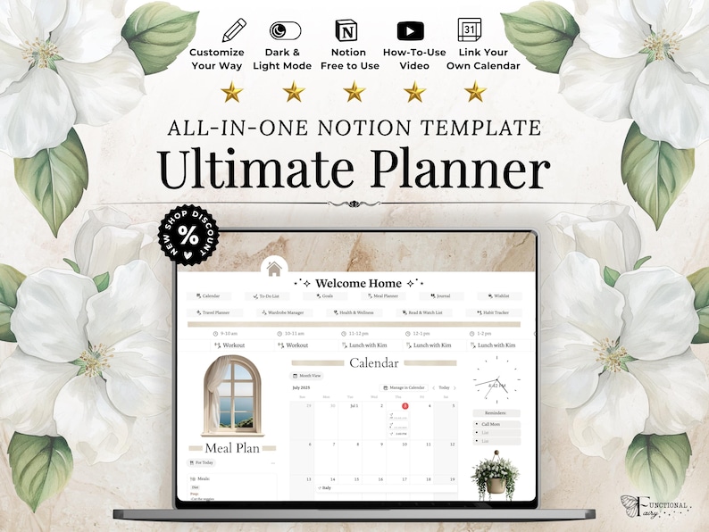 Neutral aesthetic Notion life planner, all in one Notion planner template and digital life planner for organizing your entire life. Includes daily planner, monthly calendar, goal planner, Notion habit tracker, wellness planner, meal planner, workout tracker, travel planner, journal, wardrobe organizer and productivity tools. Customizable Notion template with a soft beige minimalist dashboard for goals, habits, routines, schedules, self care and everyday life organization.