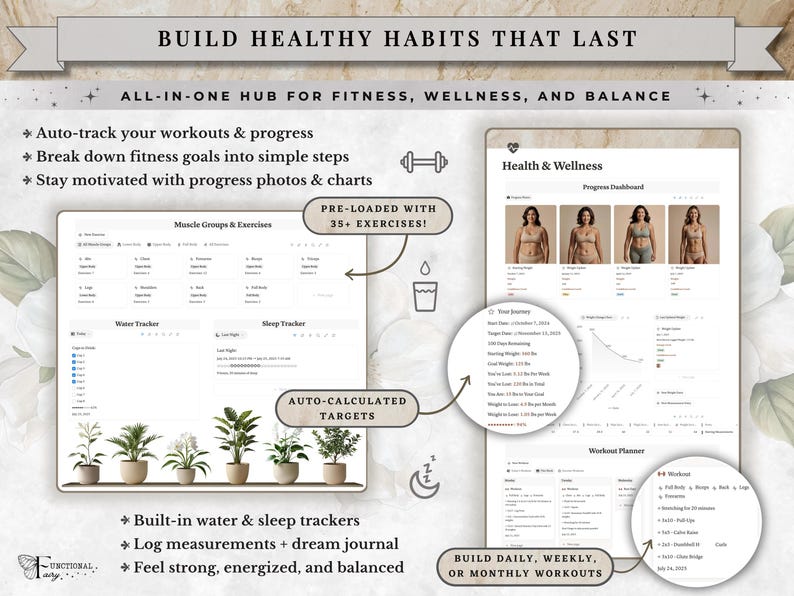 Notion habit tracker, wellness planner, workout tracker and self care planner inside an all in one Notion life planner template. Track daily habits, fitness, workouts, water intake, sleep, wellness goals, routines and healthy lifestyle progress from one neutral aesthetic Notion dashboard. This customizable digital planner combines habit tracking, goal planning, wellness organization, productivity planning and everyday life management in one complete Notion planner template.