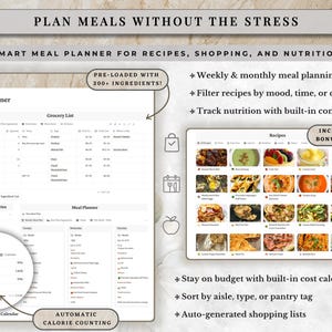 Notion meal planner, grocery list, recipe organizer, calorie tracker and food budget planner included inside an all in one Notion life planner. This neutral aesthetic Notion planner template helps organize weekly meals, grocery shopping, favorite recipes, nutrition, calories and food spending alongside habits, wellness, goals and daily planning. A customizable digital life planner and productivity dashboard for meal organization, healthy routines and everyday life management.