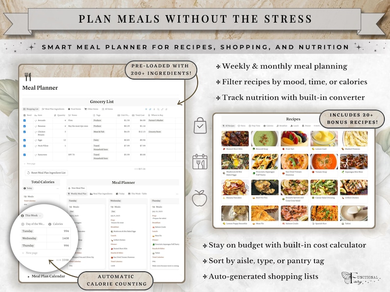 Notion meal planner, grocery list, recipe organizer, calorie tracker and food budget planner included inside an all in one Notion life planner. This neutral aesthetic Notion planner template helps organize weekly meals, grocery shopping, favorite recipes, nutrition, calories and food spending alongside habits, wellness, goals and daily planning. A customizable digital life planner and productivity dashboard for meal organization, healthy routines and everyday life management.