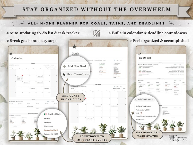 Notion calendar, daily planner, monthly planner and yearly planner inside an all in one Notion life planner template. Organize daily itineraries, to do lists, appointments, schedules, birthdays, holidays, special events, countdowns, goals and routines from one neutral aesthetic digital dashboard. This customizable Notion planner combines calendar planning, productivity, goal tracking, habit tracking and everyday organization in a complete digital life planner and personal planning system.
