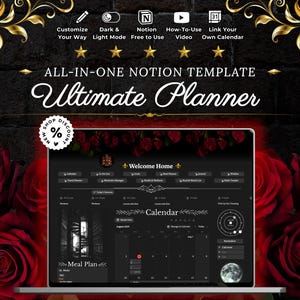 May include: A digital planner template displayed on a laptop screen, featuring a dark theme with a calendar and meal plan sections. The image is surrounded by red roses and gold decorative elements. Text includes "Ultimate Planner."